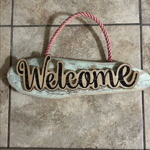 Welcome Wooden Wall Hanging - Mint with Pink Rope